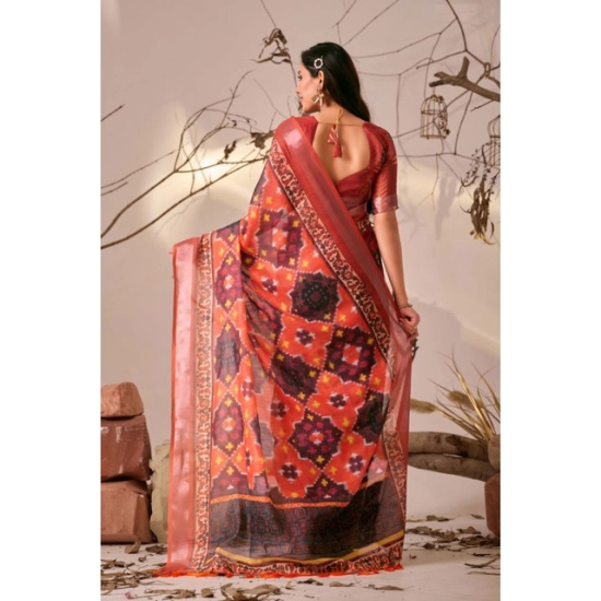 Generic Women's Faux_Linen Printed Saree With Unstitched Blouse 5.5Mtr (Red)