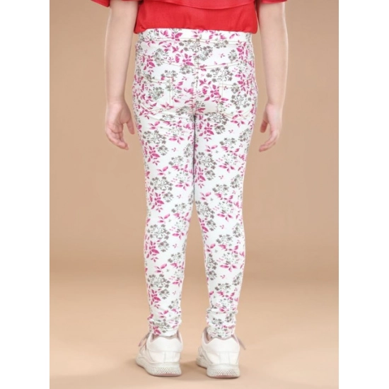 Generic Girl's Cotton Lycra Floral Elasticated Jeggings (White-Pink) Generic Girl's Cotton Lycra Floral Elasticated Jeggings (White-Pink)
