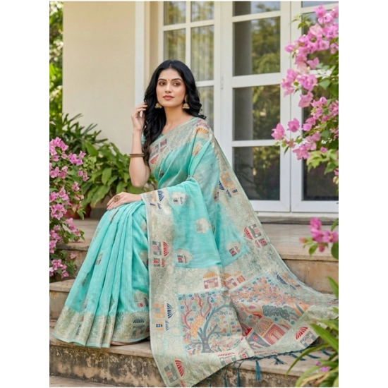 Generic Women's Linen Cotton Printed Saree With Unstitched Blouse 5.5Mtr (Sky Blue)