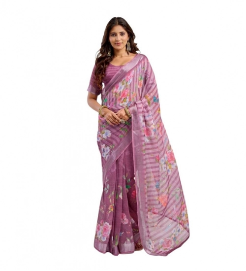 Generic Women's Linen Cotton Printed Ready To Wear Saree With Unstitched Blouse 5.5 Mtr (Light_Mauve)