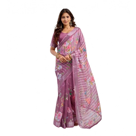 Generic Women's Linen Cotton Printed Ready To Wear Saree With Unstitched Blouse 5.5 Mtr (Light_Mauve)