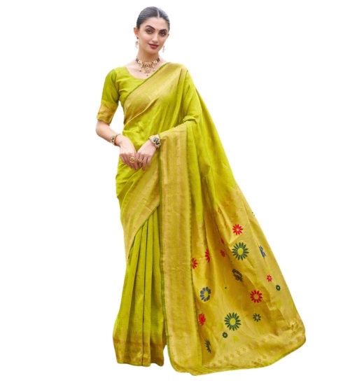 Generic Women's Silk Blend Zari Woven Saree With Unstitched Blouse 5.5Mtr (Lime Green)