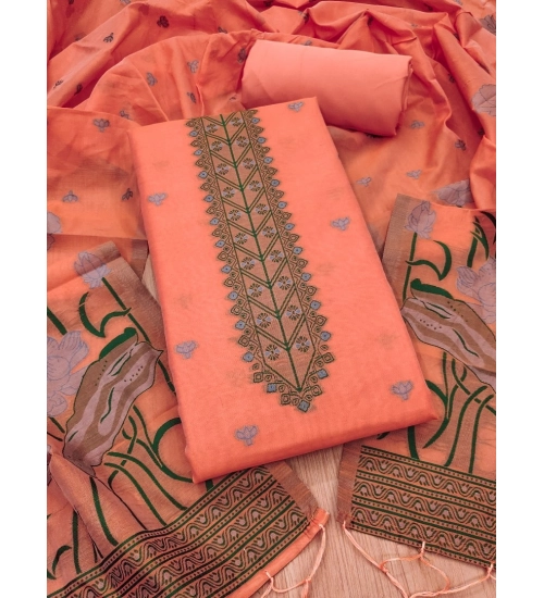 Generic Women's Banarasi Silk Printed Unstitched Salwar Suit Material With Dupatta (Peach, 3Mtrs)