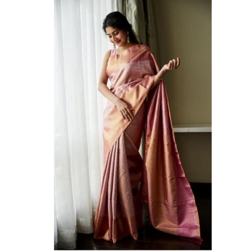 Women's Litchi silk Printed Saree With Unstitched Blouse (Light Pink)