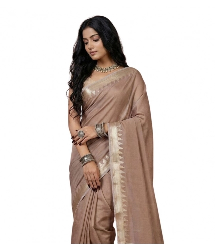 Generic Women's Cotton Printed Saree With Unstitched Blouse 5.5Mtr (Beige)