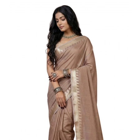 Generic Women's Cotton Printed Saree With Unstitched Blouse 5.5Mtr (Beige)