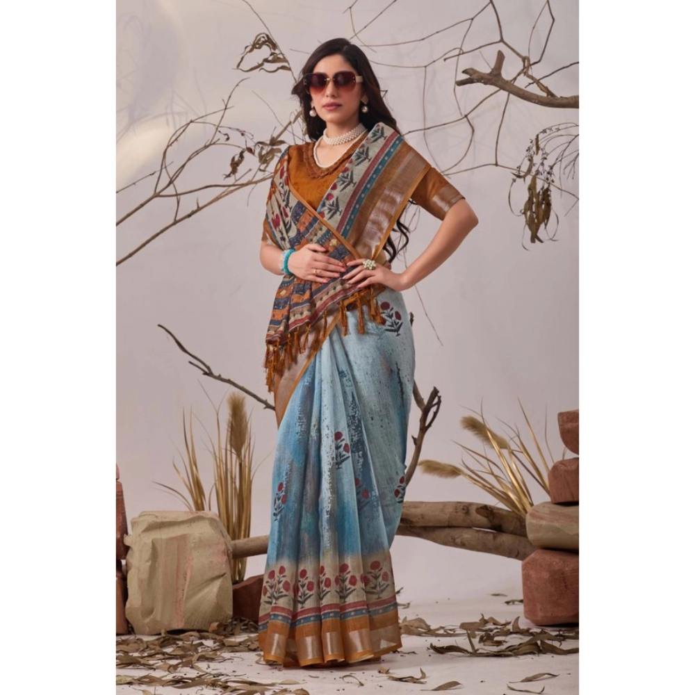 Generic Women's Faux_Linen Printed Saree With Unstitched Blouse 5.5Mtr (Blue)