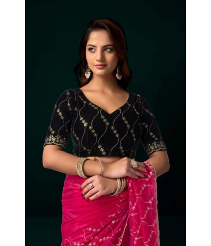 Generic Women's Net Sequence Saree With Unstitched Blouse 5.5Mtr (Pink)