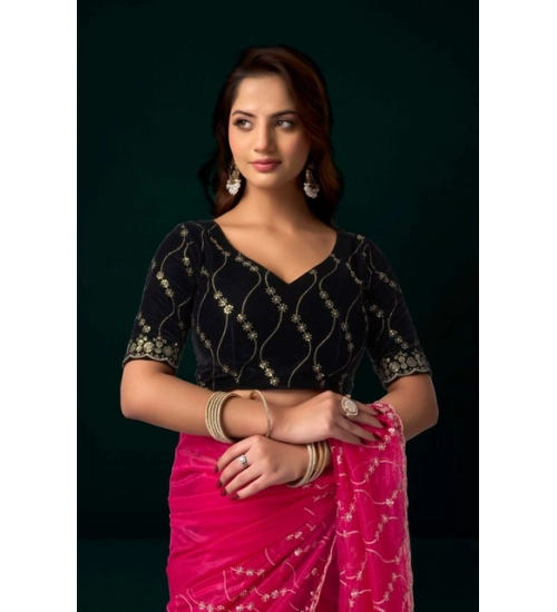 Generic Women's Net Sequence Saree With Unstitched Blouse 5.5Mtr (Pink)
