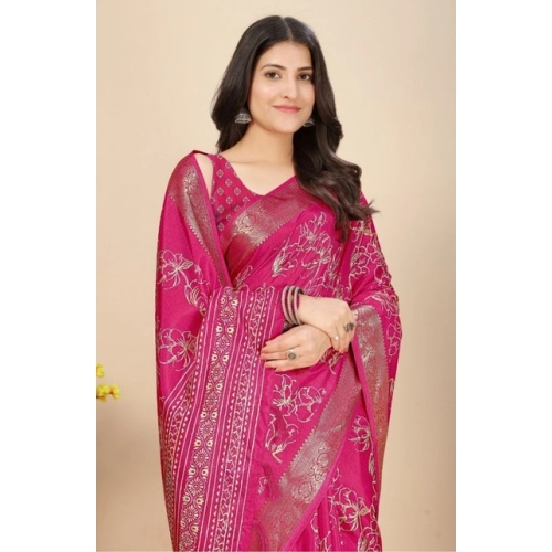 Generic Women's Cotton Silk Floral Printed Saree With Unstitched Blouse 5.5Mtr (Pink)