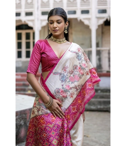Generic Women's Faux_Tussar Floral Jal With Patola Print Saree With Unstitched Blouse 5.5Mtr (Pink)