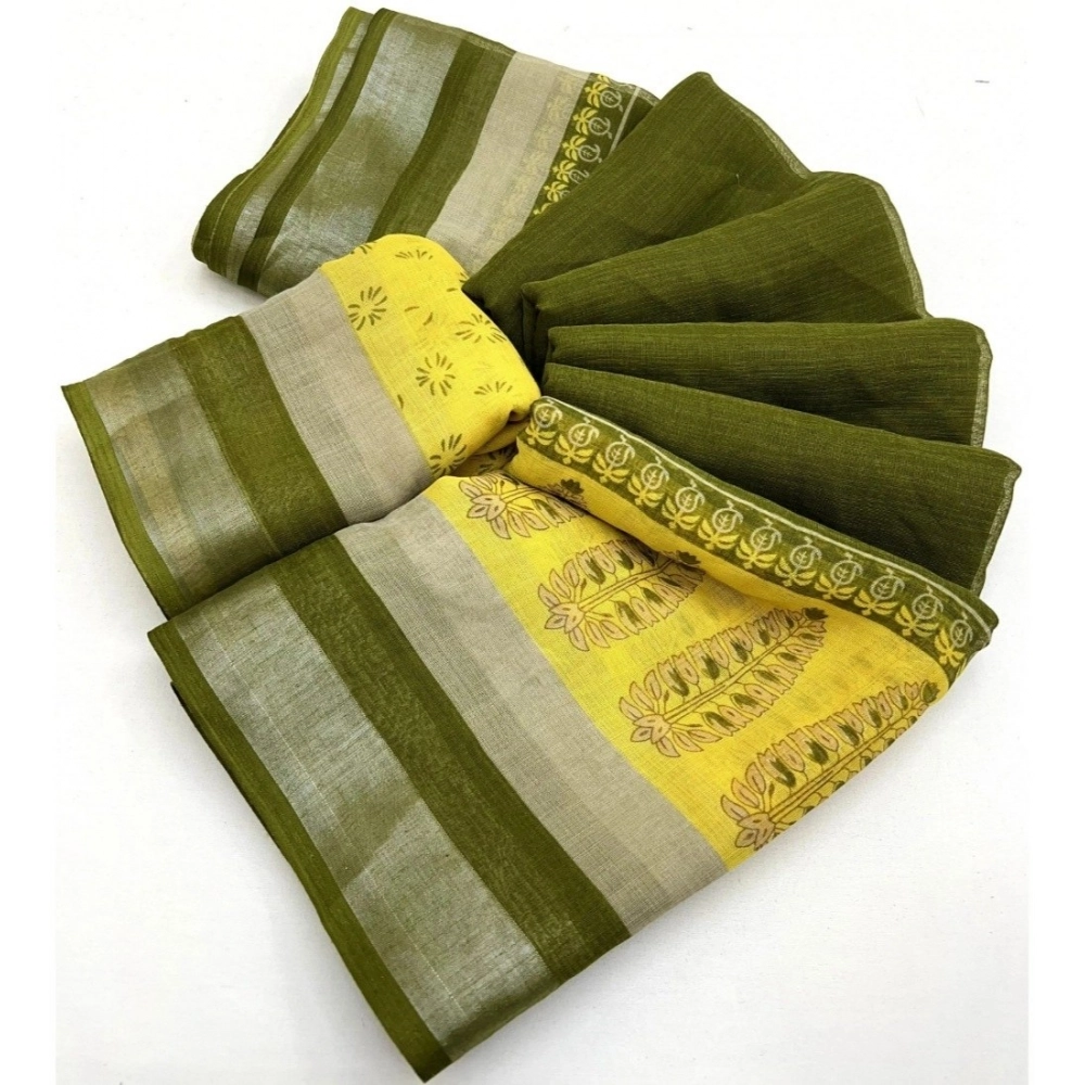 Generic Women's Cotton Linen Printed Saree With Unstitched Blouse 5.5Mtr (Green)