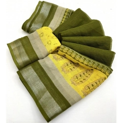 Generic Women's Cotton Linen Printed Saree With Unstitched Blouse 5.5Mtr (Green)