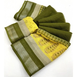 Generic Women's Cotton Linen Printed Saree With Unstitched Blouse 5.5Mtr (Green)