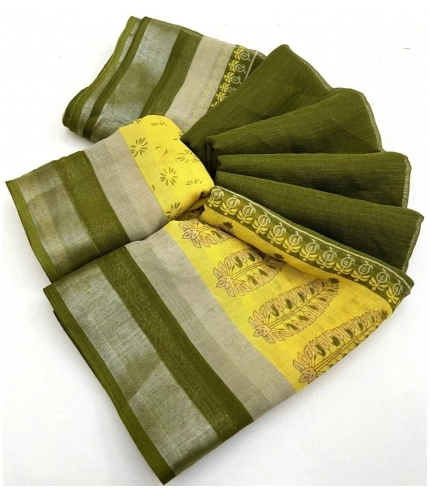 Generic Women's Cotton Linen Printed Saree With Unstitched Blouse 5.5Mtr (Green)