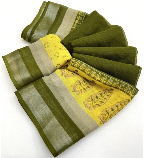 Generic Women's Cotton Linen Printed Saree With Unstitched Blouse 5.5Mtr (Green)
