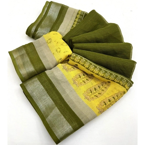 Generic Women's Cotton Linen Printed Saree With Unstitched Blouse 5.5Mtr (Green)