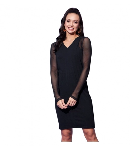 Generic Women's Polyester And Net Solid Long Sleeves Dress (Black)