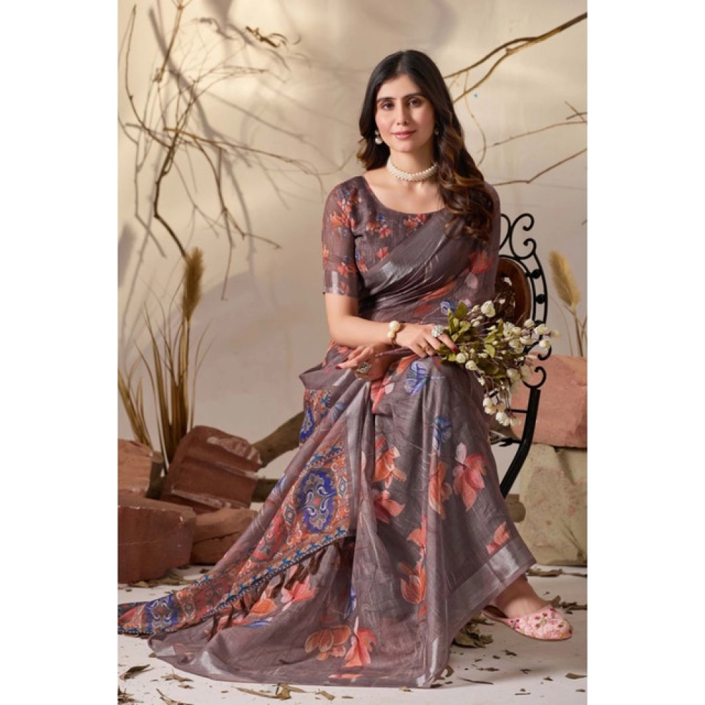 Generic Women's Faux_Linen Printed Saree With Unstitched Blouse 5.5Mtr (Light_Brown)