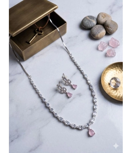 Generic Women's Brass Silver Plated Necklace set (Pink)