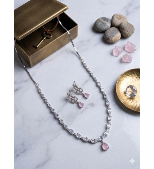 Generic Women's Brass Silver Plated Necklace set (Pink)