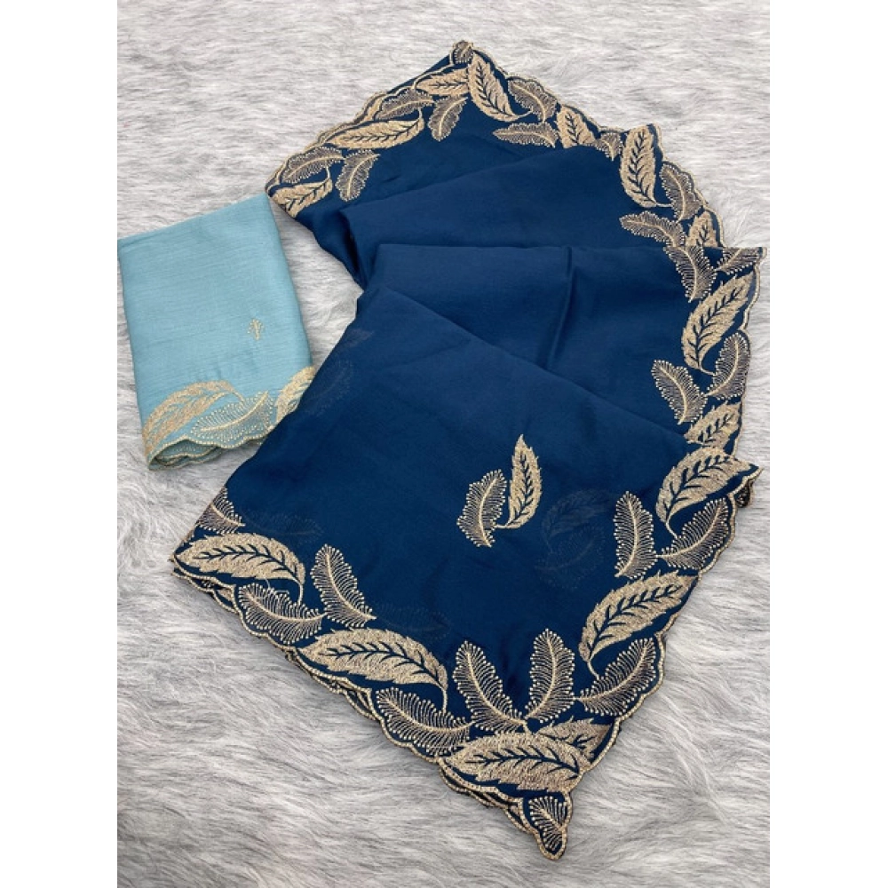 Generic Women's Chiffon Embroidered Saree With Unstitched Blouse 5.5Mtr�(Blue)