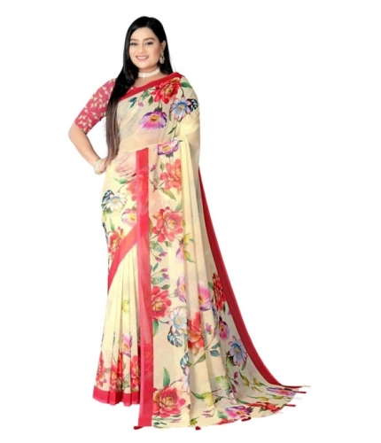Generic Women's Georgette Floral Printed Saree With Unstitched Blouse 5.5Mtr (Yellow)