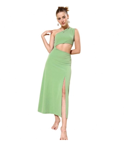 Generic Women's Polyester Lycra Solid Sleeveless Dress (Green)