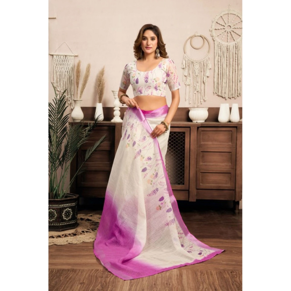Generic Women's Linen Cotton Printed Ready To Wear Saree With Unstitched Blouse 5.5 Mtr (Off_White)