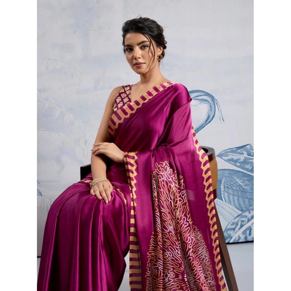 Generic Women's Satin Crepe Printed Saree With Unstitched Blouse 5.5Mtr (Purple) Generic Women's Satin Crepe Printed Saree With Unstitched Blouse 5.5Mtr (Purple)