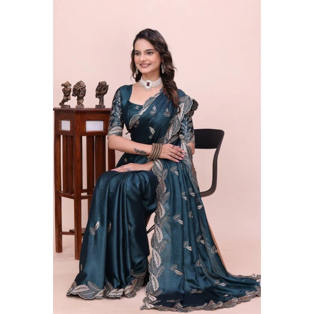 Generic Women's Georgette Embroidered Saree With Unstitched Blouse 5.5Mtr�(Teal)