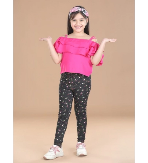 Generic Girl's Cotton Lycra Floral Elasticated Jeggings (Multicolor)