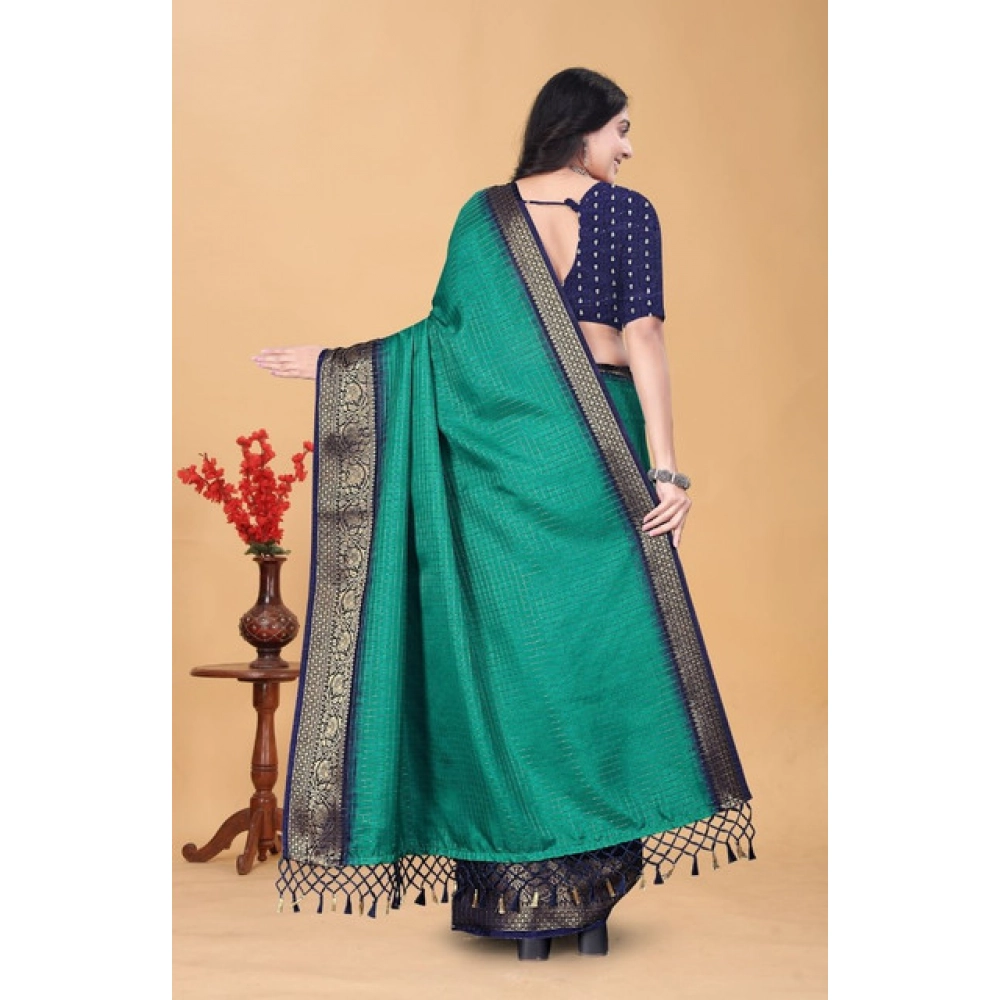 Women's Cotton Blend Checkered Saree With Unstitched Blouse 5.5Mtr (Teal Green)