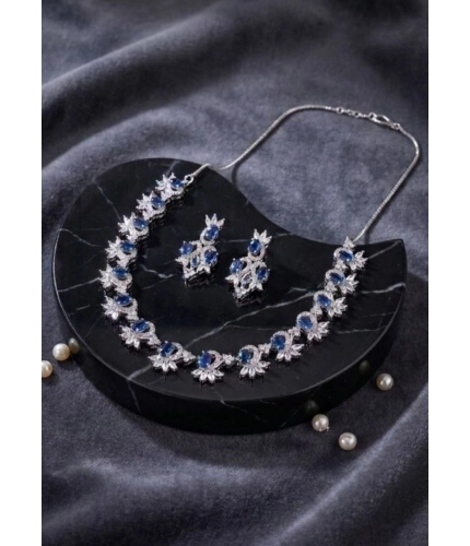 Generic Women's Brass Silver Plated Necklace set (Blue)