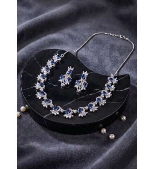 Generic Women's Brass Silver Plated Necklace set (Blue)