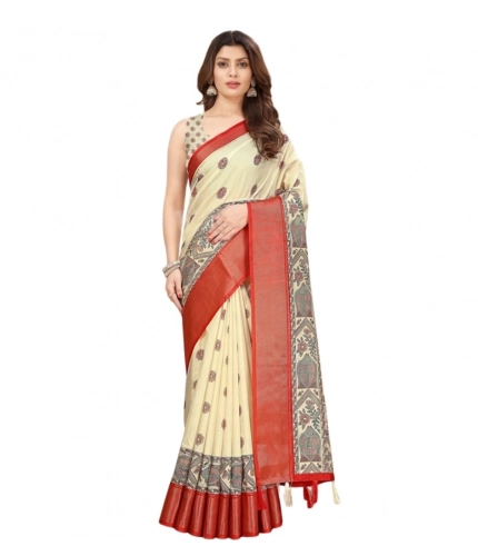 Generic Women's Cotton Silk Printed Saree With Unstitched Blouse 5.5Mtr (Cream)