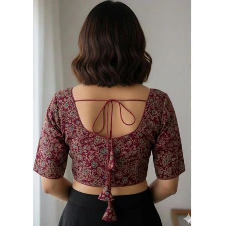 Generic Women's Ajrakh Cotton Round Neck Padded Blouse (Purple, 38 Ready Size (Self-Alterable 36–40)