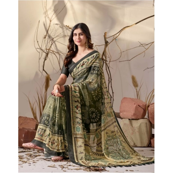 Generic Women's Georgette Printed Saree With Unstitched Blouse 5.5Mtr (Olive)