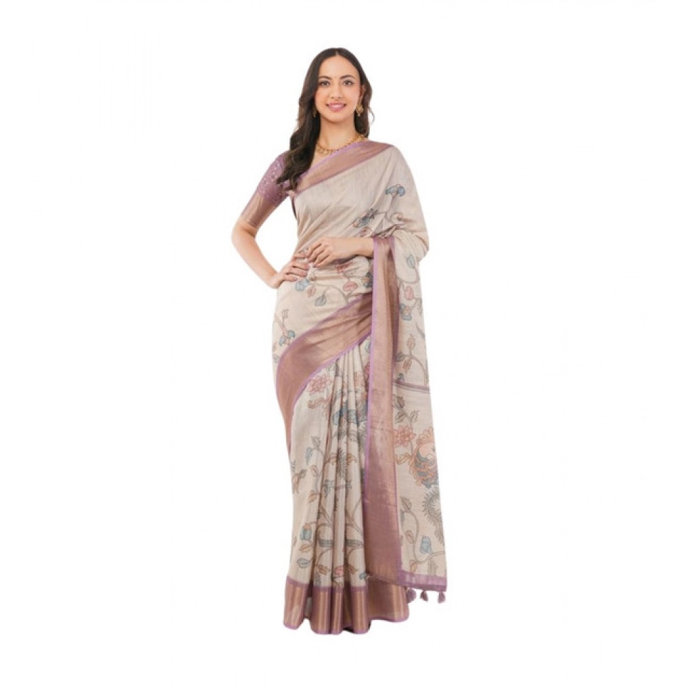 Women's Polyester Printed Saree With Unstitched Blouse 5.5 Mtr (Cream)