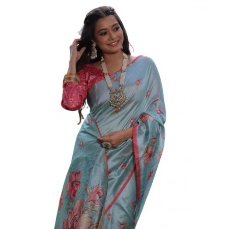 Generic Women's Faux_Tussar Floral_Print Saree With Unstitched Blouse 5.5Mtr (Sky_Blue) Generic Women's Faux_Tussar Floral_Print Saree With Unstitched Blouse 5.5Mtr (Sky_Blue)