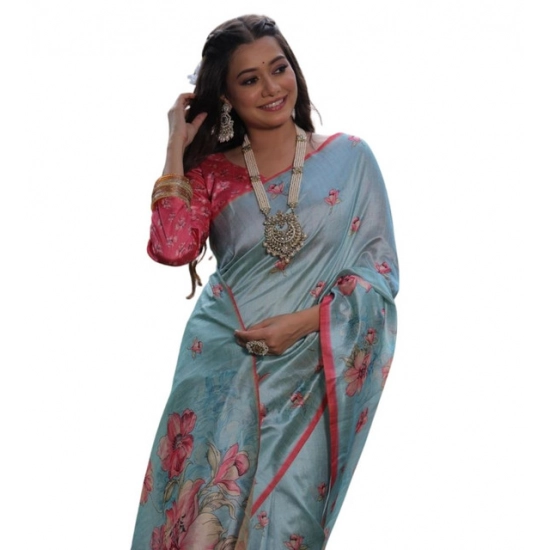 Generic Women's Faux_Tussar Floral_Print Saree With Unstitched Blouse 5.5Mtr (Sky_Blue) Generic Women's Faux_Tussar Floral_Print Saree With Unstitched Blouse 5.5Mtr (Sky_Blue)