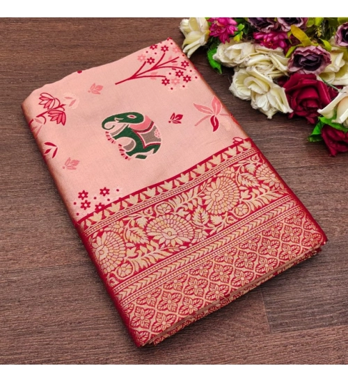 Generic Women's Soft Litchi Silk Jacquard Work Saree With Unstitched Blouse 5.5Mtr (Pink)