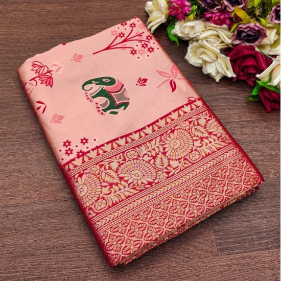 Generic Women's Soft Litchi Silk Jacquard Work Saree With Unstitched Blouse 5.5Mtr (Pink)