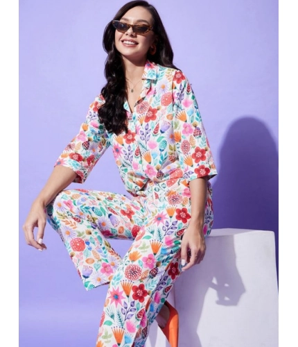 Generic Women's Polyester Floral 3-4th Sleeve Co-Ord Set (Multicolor)