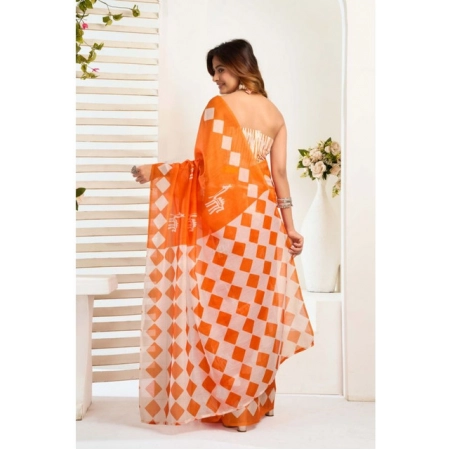Generic Women's Faux_Linen Printed Ready-to-Wear Saree With Unstitched Blouse 5.5 Mtr (Orange)