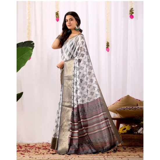 Generic Women's Faux_Silk Printed Saree With Unstitched Blouse 5.5Mtr (White)