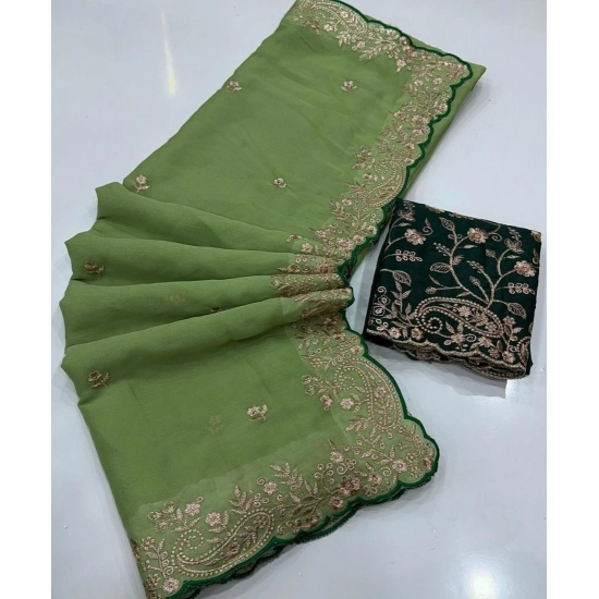 Generic Women's Star Georgette Embroidered Saree With Unstitched Blouse 5.5Mtr (Green)