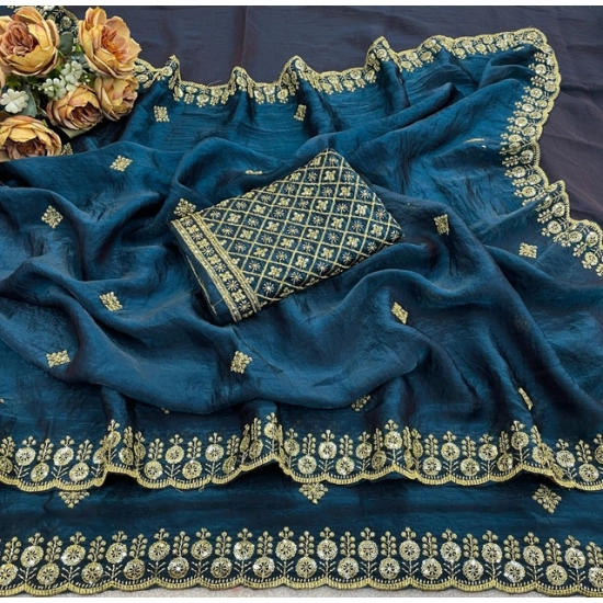 Generic Women's Satin Embellished Saree With Unstitched Blouse 5.5Mtr (Teal) Generic Women's Satin Embellished Saree With Unstitched Blouse 5.5Mtr (Teal)