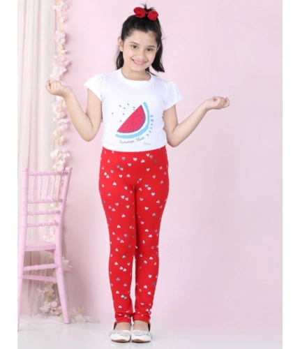 Generic Girl's Cotton Lycra Embellished Elasticated Leggings (Red)