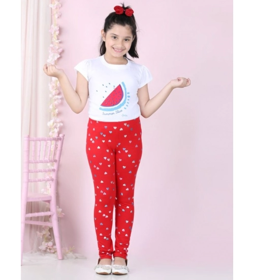 Generic Girl's Cotton Lycra Embellished Elasticated Leggings (Red)